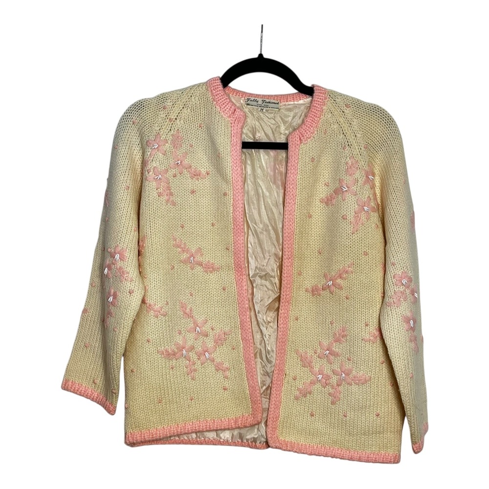 Fully Fashioned Vintage‎ Wool Cardigan Pink Floral Embroidered Lined Sweater M